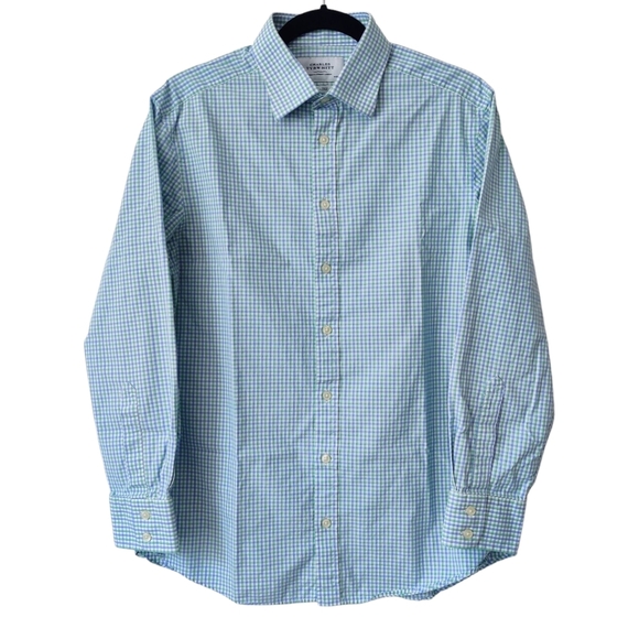 CHARLES TYRWHITT Button Down Shirt 16/33" Slim Check Long Sleeve Green Blue Mens - Picture 1 of 7